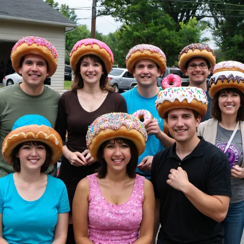 Prompt: Donut hat parade" - A group of people wearing fun donut-themed hats