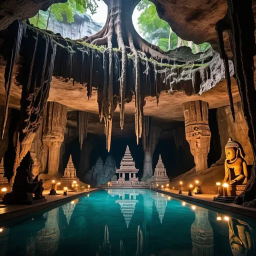 Prompt: A massive underground cave system with a perfect reflection pool and stalagtites hanging from the ceiling. A giant acient tree in the middle with a temple carved into the base.
