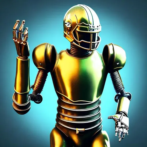 Prompt: Fantasy Football logo for the 'West Kent Droids', 3D rendering, futuristic robotic football player, metallic textures, dynamic pose, intense and vibrant colors, high quality, game-gta style, sci-fi, futuristic, metallic sheen, powerful stance, detailed design, professional, dynamic lighting