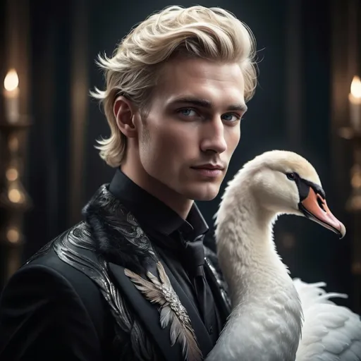 Prompt: Tall, handsome man with swan-like features, blonde hair, piercing eyes, elegant feathers, detailed fur with glossy highlights, high quality, fantasy, dark and mysterious, cool tones, atmospheric lighting