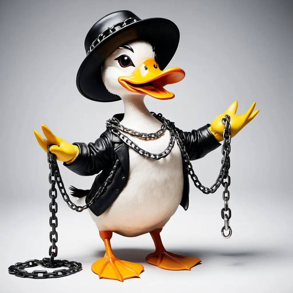 Prompt: Duck rapping with chains and sideways hat