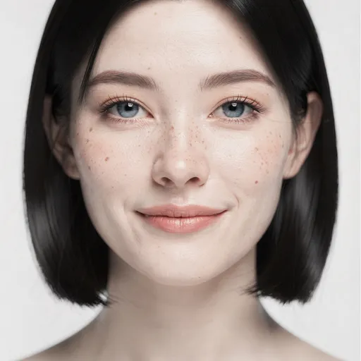 Prompt: Highly detailed professional front-facing close-up portrait captured on an 85mm f/1.4 lens with shallow depth of field, rendered in 64k photorealism. The subject is a 20-year-old female with straight black hair neatly parted in the center, smooth white skin tone with visible pores and minimal freckles across her cheeks and nose. Her eyes are a clear natural blue, subtly asymmetrical, framed by naturally shaped brows with no makeup. Soft, even studio light eliminates shadows and enhances natural texture, including faint smile lines and natural under-eye definition. She has a neutral calm expression, shot against a pure white seamless background with no gradients or objects.
