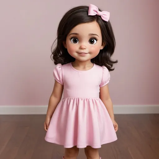 Prompt: make a little girl that is about 4 years old she had dark brown hair and dark brown eyes she wears a pink dress with leggings underneath and she wears heals that are very little