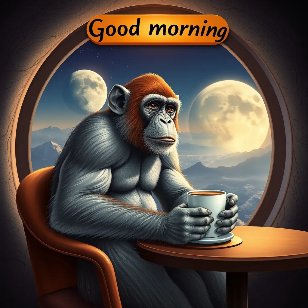 Prompt: Good looking monkey with muscular body sitting in luxury caffe on the moon. On background have view of earth and the name of the caffe is Good morning