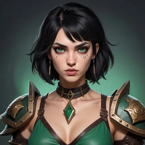 Prompt: dnd player barbarian 
woman 170cm tall
62 kg
medium skin color 
bob caught short black hair black
long fingers on hands
upturned eyes emerald color
very thin lips like a line 
big long nose
mysterius natural eyebrow 
v-triangle face