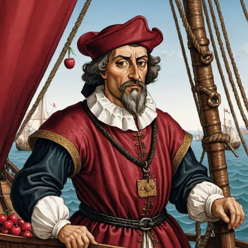 Prompt: 
15th century writer, with patch over his right eye, descends from a caravel full of cherrys, like Luís Camões