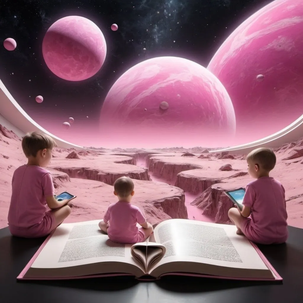 Prompt: future education on the 2060 with pink space art and digital book 