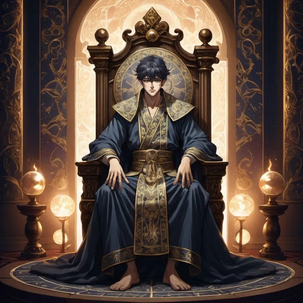 Prompt: tarot card Anime illustration, detailed ornate cloth robe, dramatic lighting, A man, young, sits on his throne 