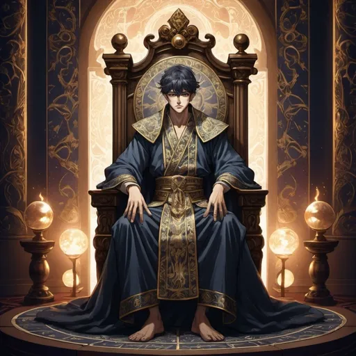 Prompt: tarot card Anime illustration, detailed ornate cloth robe, dramatic lighting, A man, young, sits on his throne 