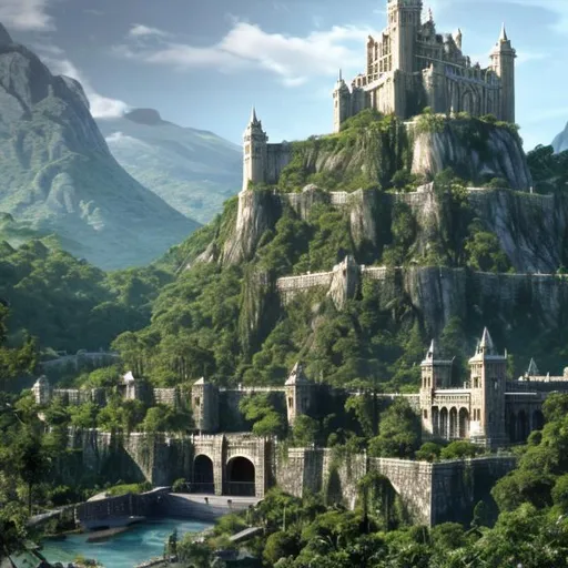 Prompt: Gondor ‏sitting on a side of jungle 
mountain with six walls




