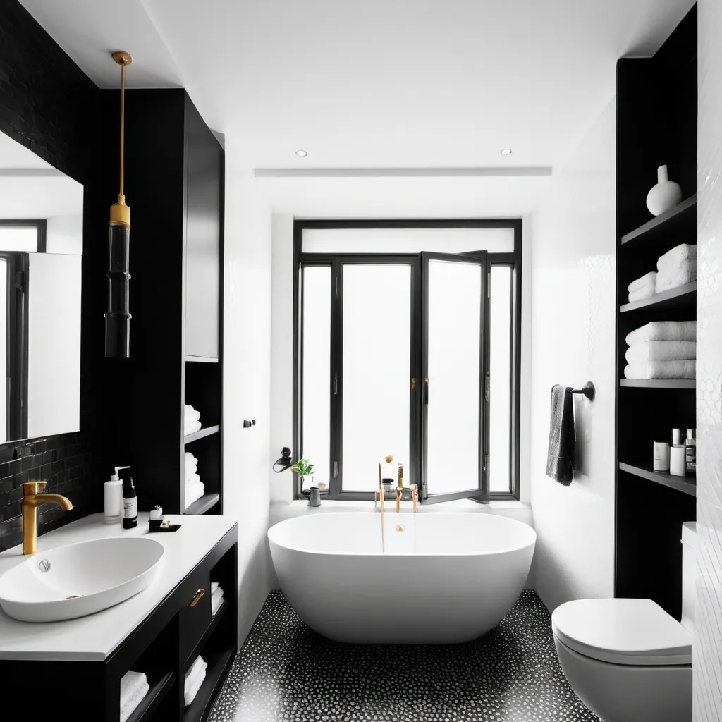 Prompt: A black and white bathroom 
