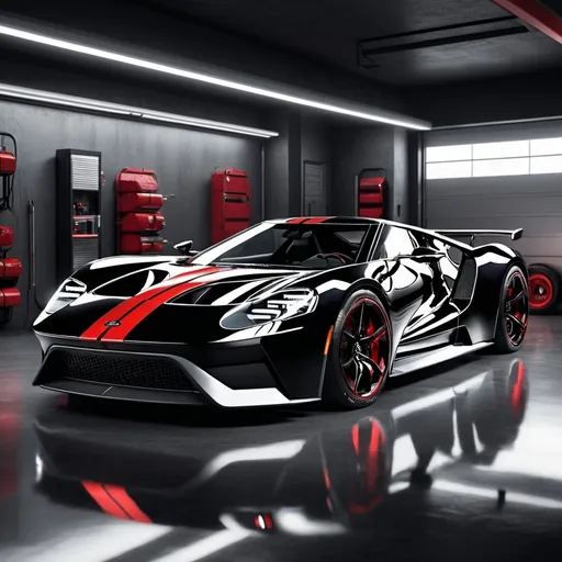Prompt: 2024 Ford GT in futuristic garage, black with red stripes, sleek design, high-quality rendering, futuristic setting, detailed reflections, cool lighting, polished surfaces, professional, highres, ultra-detailed, futuristic, sleek design, reflections, intense lighting, black with red stripes, modern, professional quality