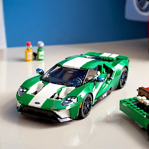 Prompt: Blue and green 2017 Ford GT, doors open, shiny metallic paint, detailed interior, high-quality, hyper-realistic, automotive art, vibrant colors, natural lighting