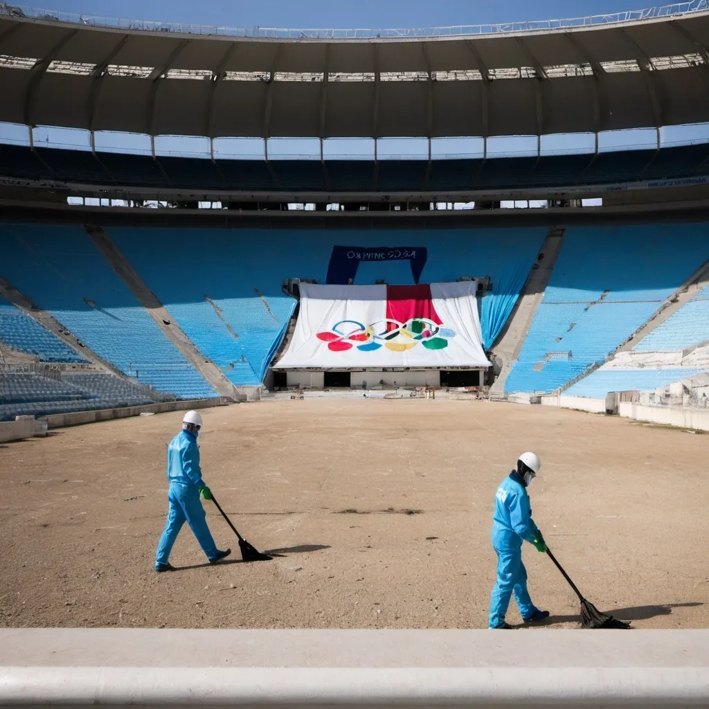 Prompt: Very few workers cleaning the empty Roucas Blanc Olympic Nautical stadium of Marseille with an old and worn out Paris 2024 olympic flag waving in the background.