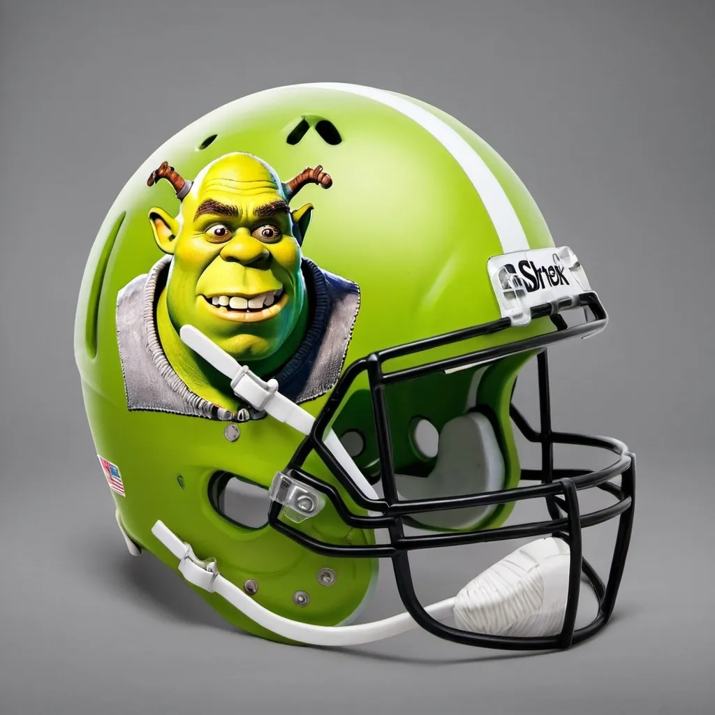 Prompt: A football helmet with the Shrek logo on it