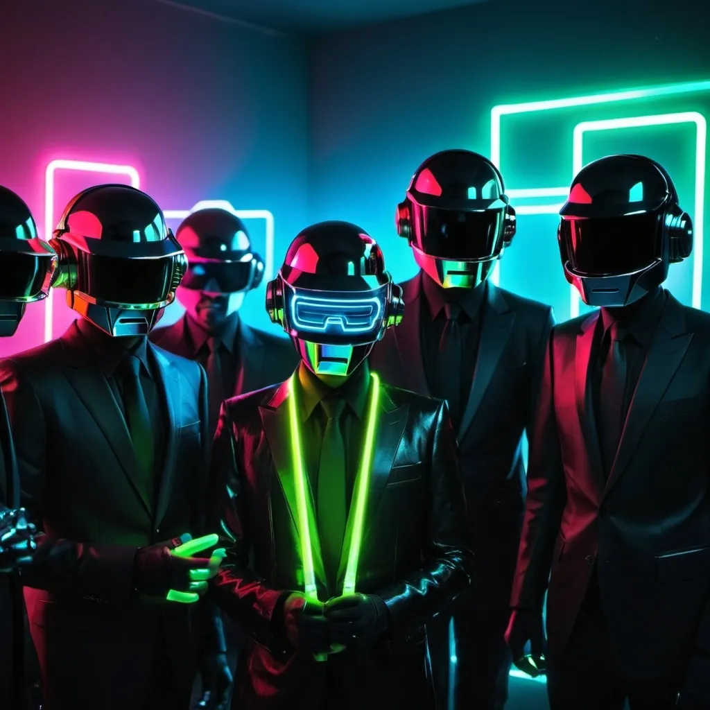 Prompt: futuristic cyber punk party with glow sticks and daft punk in attendance