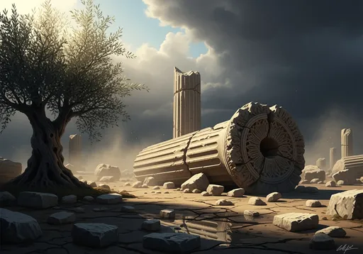 Prompt: A broken marble column lying on the ground after an earthquake, Roman Empire period, painted in a style reminiscent of a painting.
