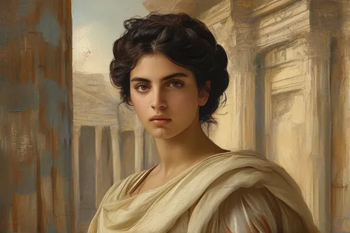 Prompt: A captivating portrait of a 20-year-old woman from the Roman Empire period, rendered in rich, textured oil painting style. He has chiseled features with a strong jawline, deep, observant eyes, and dark, wavy hair slightly tousled. Dressed in traditional Roman attire—tunics and a toga draped elegantly—he stands against a classical architectural backdrop with columns and arches, bathed in warm, golden light that highlights the fine brushwork and intricate details. Soft shadows and subtle chiaroscuro add depth and majesty to his visage, evoking a sense of noble confidence and timeless allure. The scene exudes an atmosphere of historical grandeur and aristocratic dignity, reminiscent of classical portraiture, with a warm, slightly glowing ambience typical of oil paintings.