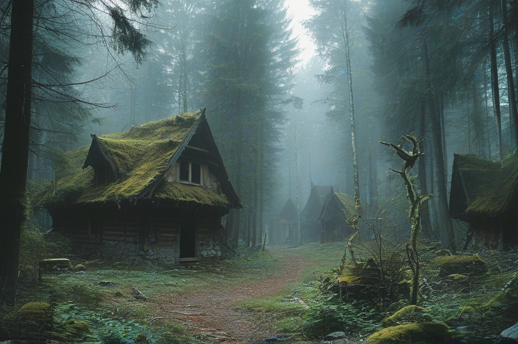 Prompt: a mystical and mysterious forest that looks dangerous period of ancient germany