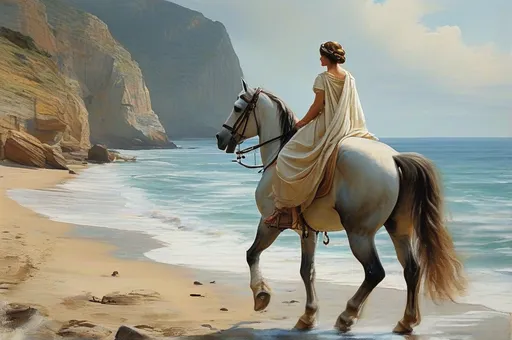 Prompt: A 60 years old lady, from ancient Rome, wearing a white outfit,, historical scene from the 1st century, Roman Empire period, painting style
Riding elegantly on a majestic horse through a beach with cliffs in background. The scene is rendered in a classic painting style, evoking timeless elegance and historical grandeur, with gentle brushstrokes capturing the vitality and serenity of this Roman cavalry scene.