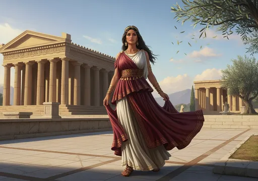 Prompt: A charismatic 40-year-old woman with tanned skin, very beautiful, is a noblewoman from Carthage, wearing Punic attire, with the temple of Carthage in the background, ancient period, painting style