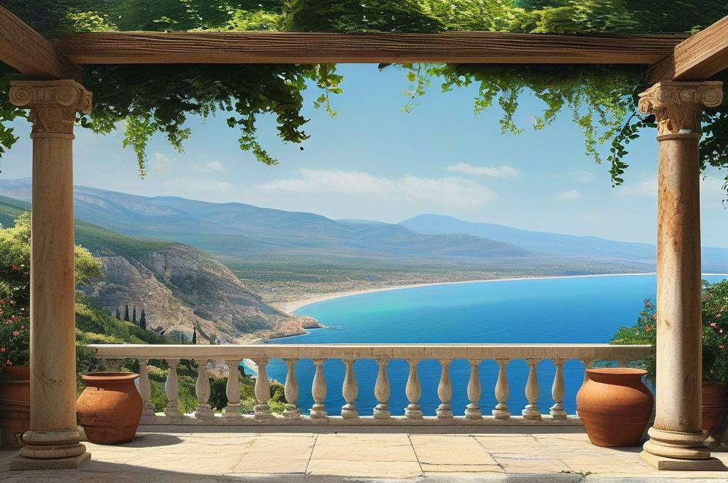 Prompt: a terrace with a sea view during antiquity, historical settings from the 1st century, painting style.