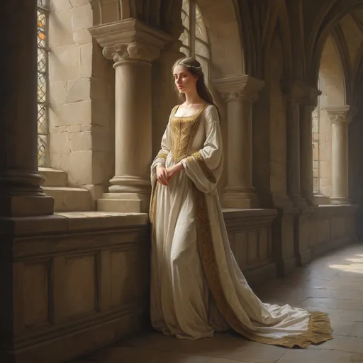 Prompt: a medieval lady in an abbaye during medieval times , oil painting masterpiece, , intricate stone architecture, cinematic composition creates a captivating narrative, ultra-detailed and high quality.