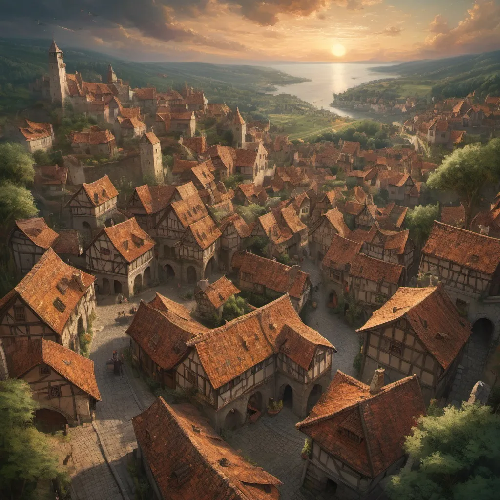 Prompt: Extraordinary view of a medieval village from above, during medieval 15th century, cinematic composition. Painting style.