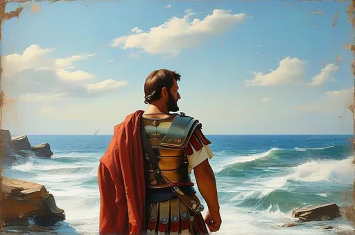 Prompt: A man from the Roman Empire stands facing the sea, seen from behind, painting style