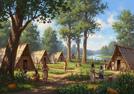 Prompt: A peaceful village where Iroquois live, historical period of the 18th century, painting style