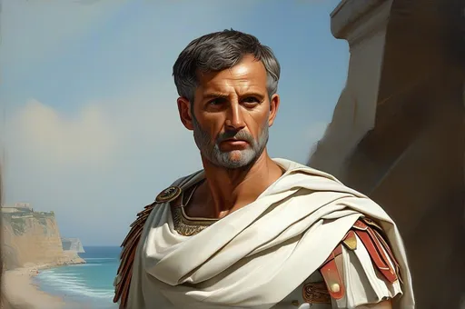 Prompt: A portrait of a 50-year-old Roman general, embodying power and authority, showcases his serious and severe features. He stands tall, draped in a pristine white toga
The backdrop is a scene of beach and cliffs, bathed in and highlights the strength in his chiseled jawline. Dust swirls gently at his feet. painting style