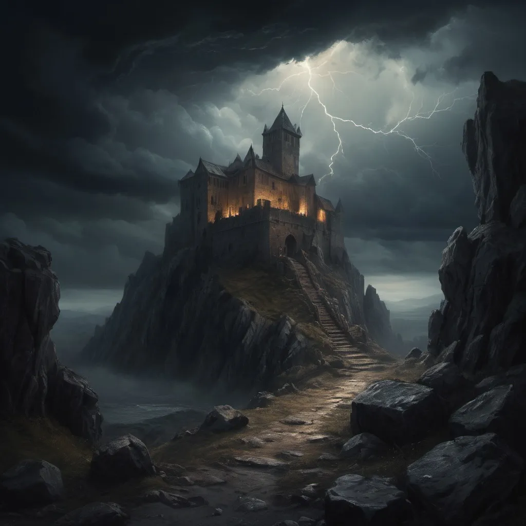 Prompt: medieval dungeon atop a mountain during a storm, dramatic atmosphere, 15th century, dark and stormy skies with flashes of lightning illuminating the scene, moody shadows and contrasting light enhancing the environment, cinematic composition, oil painting style, rich textures, high quality, emotionally charged