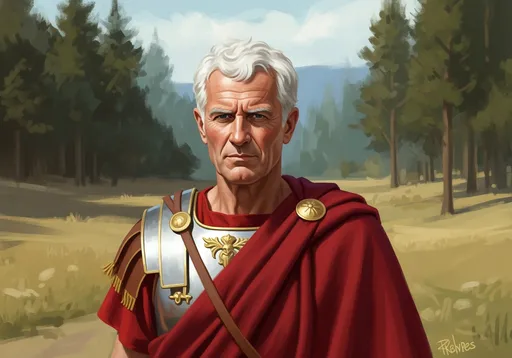 Prompt: A 50 years old man, white hair, is a citizen of the Roman Empire, forest in the background, historical period of the 2nd century, painted in a style reminiscent of a painting.