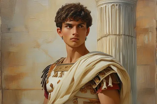 Prompt: A captivating portrait of a handsome 20-year-old young man from the Roman Empire period, rendered in rich, textured oil painting style. He has chiseled features with a strong jawline, deep, observant eyes, and dark, wavy hair slightly tousled. Dressed in traditional Roman attire—tunics and a toga draped elegantly—he stands against a classical architectural backdrop with columns and arches, bathed in warm, golden light that highlights the fine brushwork and intricate details. Soft shadows and subtle chiaroscuro add depth and majesty to his visage, evoking a sense of noble confidence and timeless allure. The scene exudes an atmosphere of historical grandeur and aristocratic dignity, reminiscent of classical portraiture, with a warm, slightly glowing ambience typical of oil paintings.