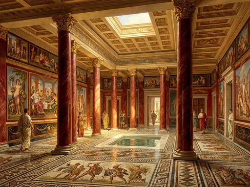 Prompt: Overview of a domus during the Roman Empire, featuring red marble columns, frescoes, and mosaics. Dating from the 2nd century. Painting style. 