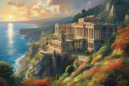 Prompt: Imagine a grand Roman palace perched majestically atop a sunlit hill, its 1st-century architecture radiating timeless elegance. The structure dominates the landscape of Nord Pas de Calais, with intricately detailed marble columns and expansive terraces offering breathtaking views. Below, steep cliffs plunge dramatically into a shimmering azure sea, while the lush green valley stretches out, dotted with wildflowers swaying in the gentle breeze. The setting sun casts a warm golden hue, highlighting the palace's grandeur against the vibrant colors of the landscape. Wispy clouds float lazily across the sky, adding a dreamy quality to this cinematic view, as if inviting the observer to step into a living oil painting.