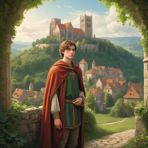 Prompt: 20 years old noble man with medieval attire in a serene valley, majestic medieval abbey in the distance, 15th-century setting, cinematic composition, cartoon style,, capturing a moment of nature and history.