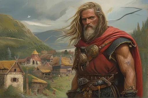 Prompt: a 50 year old Celtic warrior, with a scar, severe emotion, intricately detailed celtic tunics, set in a lively 1st-century ancient scene, painting style, vibrant village background, vivid textures, dynamic composition, ultra-detailed, immersive, captivating ambiance, inviting storytelling elements, ideal for an engaging visual experience.