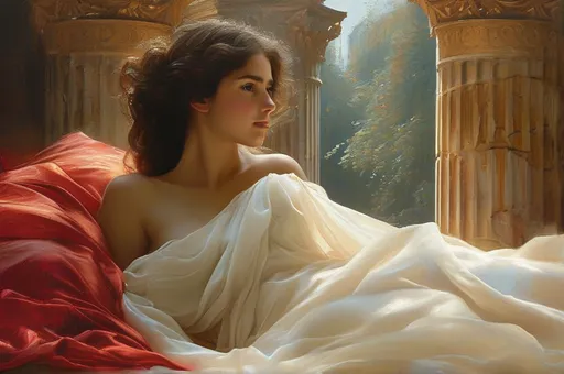 Prompt: Envision a stunning young diva of the Roman Empire, circa the 1st century, exuding ethereal beauty. She lies languidly on an opulent bed draped with rich, deep crimson and gold fabrics that contrast with her flowing white tunic, elegantly reminiscent of antiquity. Her voluminous black curls cascade around her shoulders, framing her delicate, captivating features. The soft, warm glow of candlelight flickers across the room, casting gentle shadows that dance upon the intricately carved marble pillars surrounding her. Outside the window, the golden light of dusk bathes the scene in a dreamy hue, with a tranquil garden visible through the open arches. The atmosphere is one of serene indulgence and timeless grace, perfect for a classical oil painting style, rich in detail and texture.