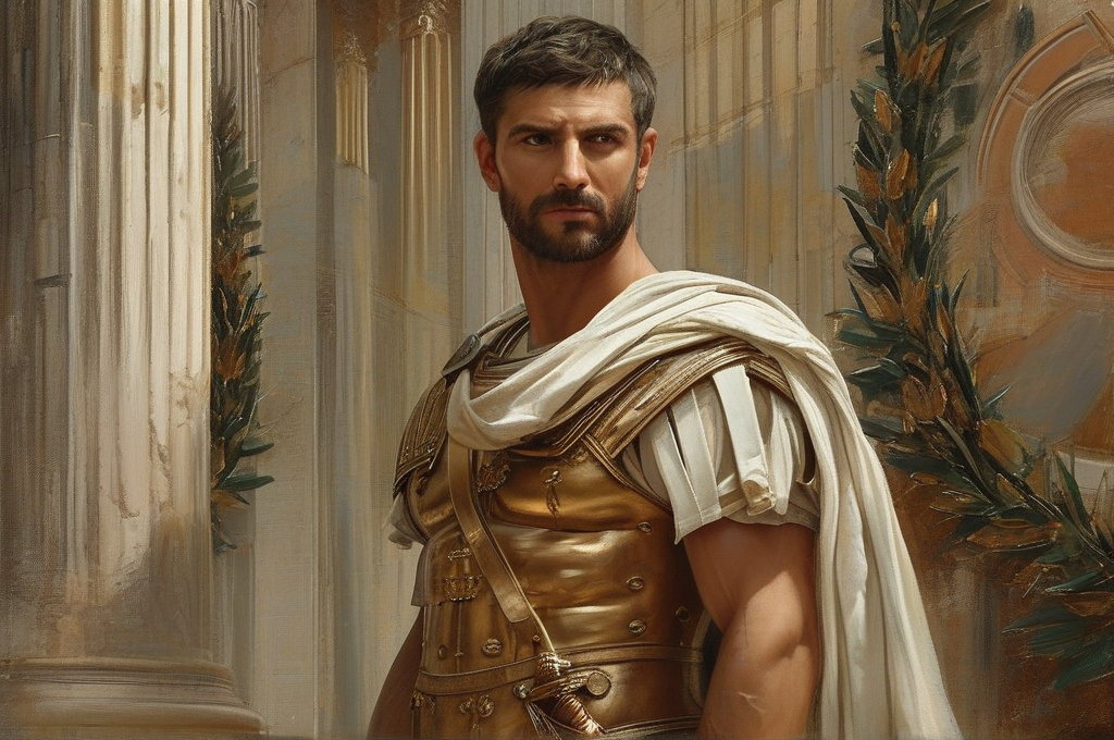 Prompt: A 40-year-old Roman bodyguard standing guard in a grand ancient palace, his muscular frame clad in a beige Roman tunic that hints at both strength and discipline. His stern, watchful expression reflects loyalty and alertness, while the soft, warm light of that era subtly illuminates the marble columns and intricate mosaics of the palace behind him. The scene exudes a regal, timeless atmosphere, captured in an oil painting style with rich textures and deep shadows, evoking the grandeur of 1st-century Rome. Elegant laurel wreaths and imperial banners add to the historical authenticity, creating a majestic and contemplative portrayal of a dedicated sentinel at the heart of ancient power.