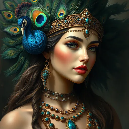 Prompt: a woman with a peacock headpiece and a necklace on her head and a peacock feather on her head, Ella Guru, fantasy art, highly detailed digital painting, a photorealistic painting