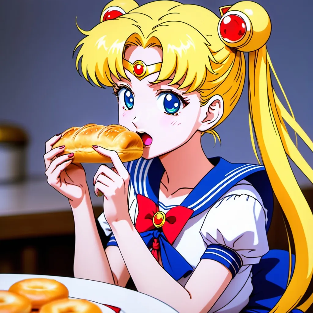 Prompt: sailor moon anime eating a bread roll