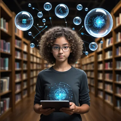 Prompt: 
create a picture of a student holding an iPad, stands in the center of a dark library, surrounded by floating holographic spheres and data visualization, symbolizing AI's role as their personal backdrop for learning. they are dressed casually with curly hair, standing confidently against the background of bookshelves filled with various books on technology and science.