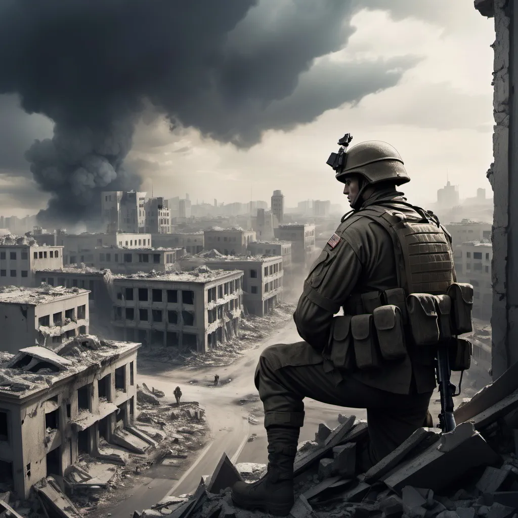 Prompt: Soldier watching over a wartorn city