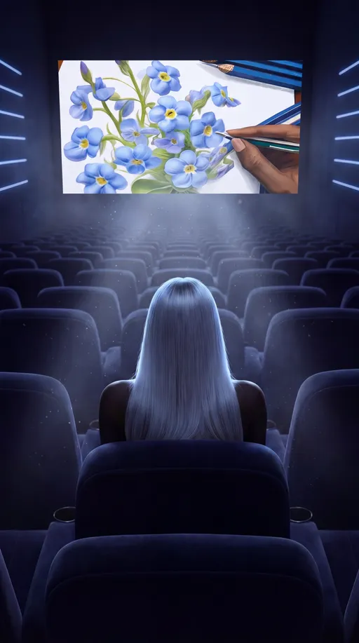 Prompt: cinematic dark theater, exact composition match to reference image, camera from behind a single woman centered in frame, seated in empty cinema hall, deep blue tones, high contrast, symmetrical rows of seats fading into darkness, environment unchanged

very dark room, almost no ambient light, only soft diffused projection light coming from the screen, volumetric light beam with subtle floating dust particles in the air, light gently illuminating the top of the woman’s white hair and shoulders, everything else in shadow

woman: same as reference, dark skin, smooth glossy highlights, bare shoulders, long straight white hair, perfectly centered, seen from behind, still and calm, no changes to pose or proportions

screen content replaced completely:
full-width projection screen showing a clean white background illustration of blue forget-me-not flowers with green leaves, highly detailed, realistic botanical drawing style, soft gradients, crisp edges

on the screen: a dark-skinned female hand (same skin tone as the seated woman), holding a drawing tool, actively sketching the flowers, elegant fingers, natural proportions, no deformation

blue colored pencils visible on the screen composition, neatly arranged, rich saturated blue tones, realistic texture, sharp detail

strong visual contrast: white background of the drawing vs deep blue cinema environment

projection lighting physically affects the scene:
soft white-blue light from the screen spills into the theater, subtle glow on seat edges, faint highlights on armrests, gentle illumination of floating dust particles

ultra realistic, cinematic, film still quality, sharp focus on foreground silhouette, smooth depth falloff, no overexposure, no color washout

no changes to camera angle, no additional characters, no distortion, no stylization beyond realism