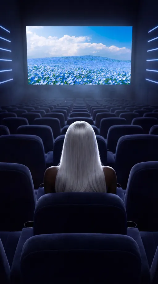 Prompt: ultra realistic cinematic scene, vertical 9:16, same exact dark luxury movie theater interior, identical composition as reference, no changes in proportions or layout

camera positioned behind the girl, perfectly centered, same distance and framing, same rows of plush velvet blue seats aligned evenly, same blue LED light strips on both side walls, same soft fog in the air, same deep shadows and low light atmosphere

main subject: same female figure sitting in the center, back view, identical pose, identical body proportions, long straight platinum white hair falling symmetrically, no face visible, no changes to styling

seat alignment correction: the seat where she sits must match the exact height and alignment of all other seats, same backrest level, perfectly consistent rows

lighting: very dark cinema, only soft projection light from the screen illuminating her hair and shoulders, subtle glow outlining her silhouette, no extra light sources, no daylight

cinema screen content: large screen filling full width, displaying a bright high-resolution field of blue flowers (forget-me-not style), vivid насыщенное синее небо, white fluffy clouds, strong contrast between bright sky and deep blue flower field, rich blue color palette, highly detailed flowers clearly visible across the screen

contrast: strong visual contrast between dark cinema interior and bright vibrant screen image, blue tones dominating both environment and screen but with clear separation (dark blue vs bright sky blue)

strict consistency: do not change camera angle, composition, subject placement, lighting style, or environment, only replace the screen content

ultra detailed, cinematic, high-end film still, sharp focus, realistic textures, immersive atmosphere