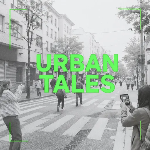 Prompt: Cinematic design for "URBAN TALES", grayscale photograph of people using iPads to film and capture street life, candid city moments in the background, modern and minimal style, selective neon green accents on iPad edges or small city details, large bold modern sans-serif typography in neon green for the title "URBAN TALES", clean composition, no extra text, cohesive light-gray-black-neon green series design