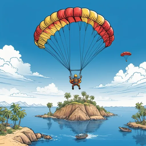 Prompt: Cartoon sketch of parachuting onto a small island, blueprint-style illustration, building a bridge to a neighboring island, detailed parachutist, hand-drawn, blueprint style, vibrant colors, action-packed, adventurous, detailed bridge construction, cartoon, sketch, blueprint, vibrant, detailed, adventurous, action-packed, parachute, island, bridge