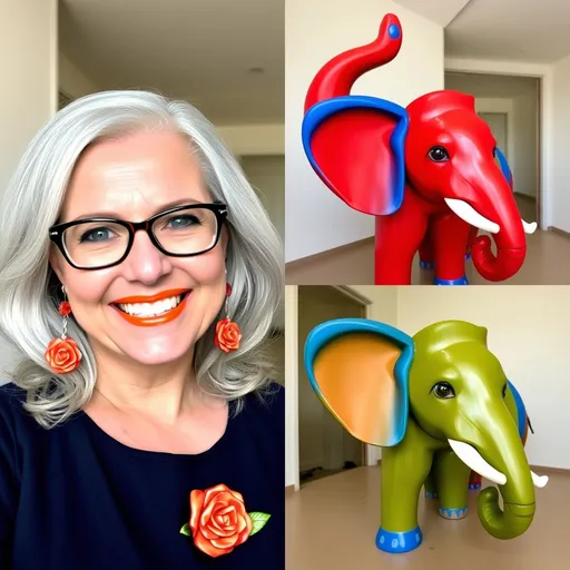 Prompt: In a playful composition featuring three panels, a cheerful woman poses beside a brightly colored elephant sculpture. Her silver hair cascades over her shoulders, and she wears stylish glasses, highlighted by a radiant smile and vibrant orange lipstick. Adorning her ears are matching dangling earrings crafted to resemble roses, complemented by a larger rose pin on her navy top. The elephant, a mix of red, blue, and green tones, adds an artistic flair with its ears and trunk raised high, suggesting a lively presence in a neutral indoor setting that accentuates the colors and joyful energy shared between her and the sculpture.