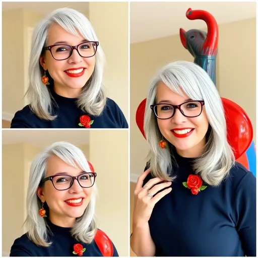 Prompt: In a playful composition featuring three panels, a cheerful woman poses beside a brightly colored elephant sculpture. Her silver hair cascades over her shoulders, and she wears stylish glasses, highlighted by a radiant smile and vibrant orange lipstick. Adorning her ears are matching dangling earrings crafted to resemble roses, complemented by a larger rose pin on her navy top. The elephant, a mix of red, blue, and green tones, adds an artistic flair with its ears and trunk raised high, suggesting a lively presence in a neutral indoor setting that accentuates the colors and joyful energy shared between her and the sculpture.